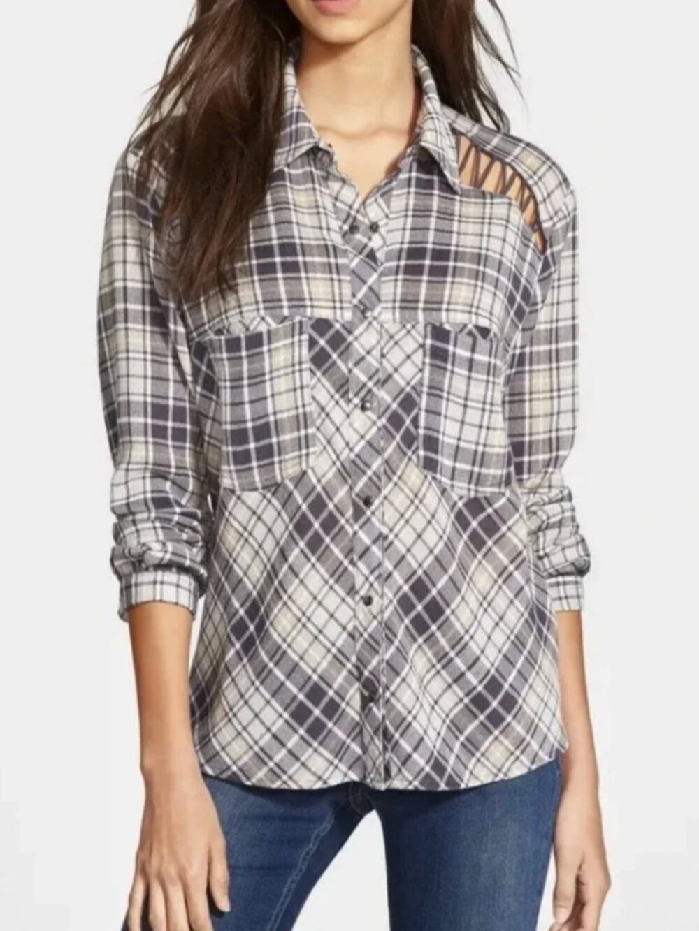 FREE PEOPLE GRAY PLAID LADDER SHOULDER SNAP FRONT SHIRT